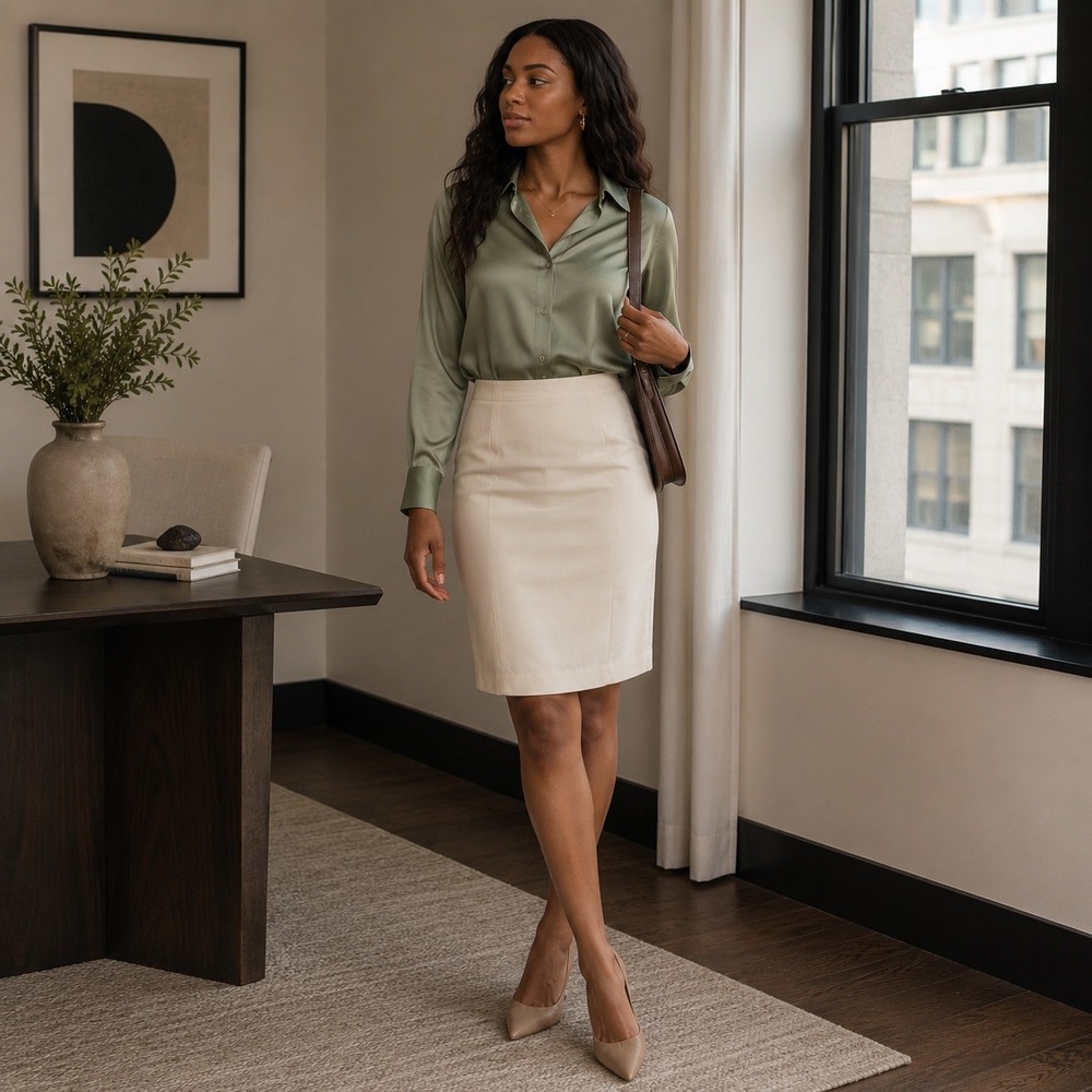 Hugo Buscati Collection Tan 100% Silk Pencil Skirt Size 6 Lined Career Classic
